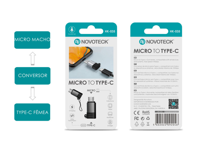 Adaptador NOVOTECK HK-035 de Micro USB para Type-C – Conexão Rápida e Versátil para a Nova Geração de Dispositivos”