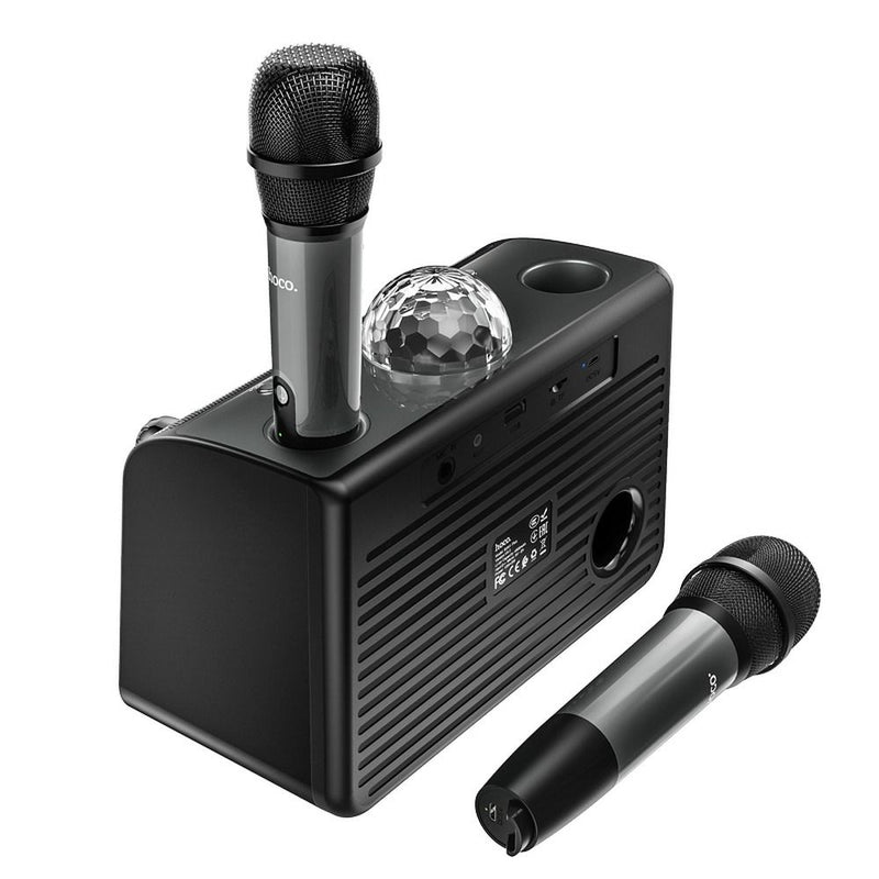 Alto-falante sem fio HOCO BS41 Plus + 2 microfones sem fio + bola DISCO preta (+ BT, TF, USB, AUX)