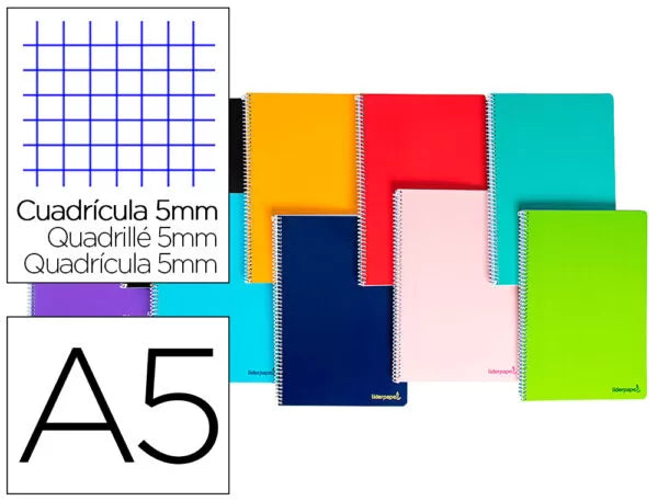 Caderno espiral liderpapel din a5 smart capa suave 80 f 60gr quadricula 5mm dupla margem 6 furos cores sortidas