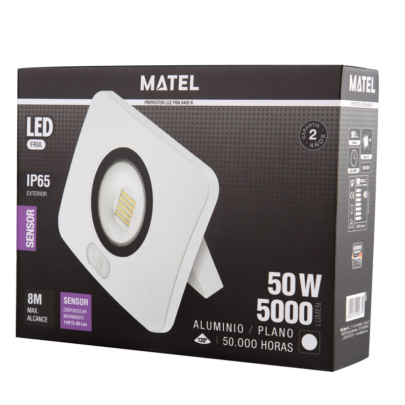 Projetor Led Matel Branco c/sensor movimento IP65 50W Luz Branca Frio