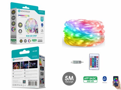 Fita LED Strip RGB Interativa Novoteck LED-028 – 5m, 500 LEDs, 5W, Bluetooth, Controle por App, IP65