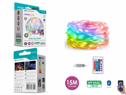 Fita LED Strip RGB Interativa Novoteck LED-030 – 15m, 1500 LEDs, 5W, Bluetooth, Controle por App, IP65