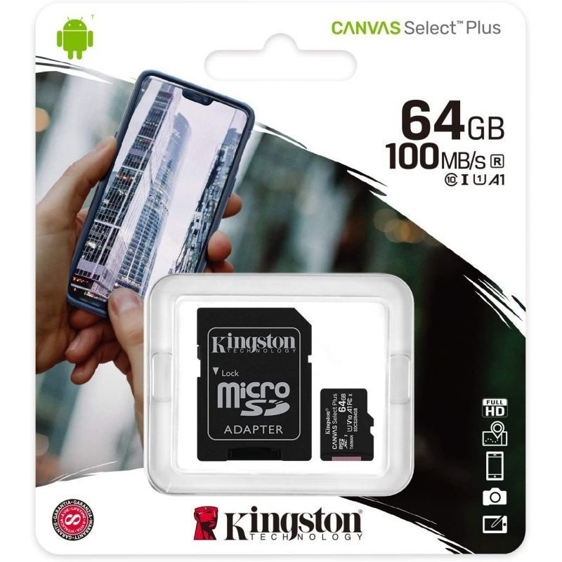 Cartão de memória microSD XC Kingston CANVAS Select Plus 64GB com adaptador / classe 10 / 100 MBs