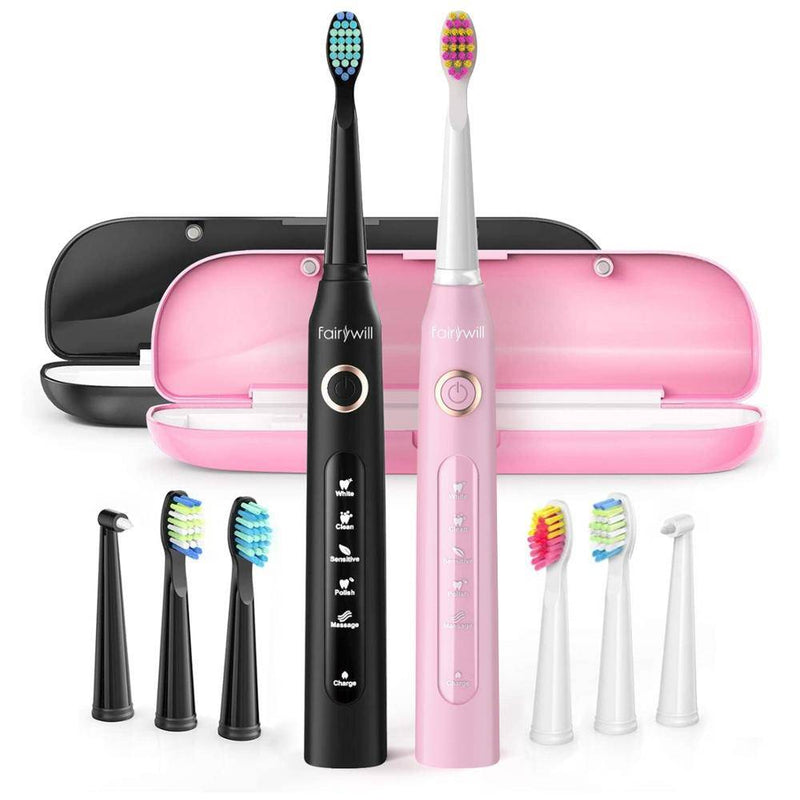 Escovas de dentes Sonic com cabeça e estojo FairyWill FW-507 (preto e rosa)