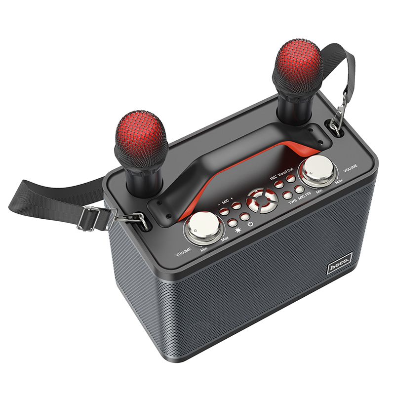 Conjunto de karaokê HOCO: alto-falante sem fio + 2x microfone sem fio LED Jenny BS57 preto (+ BT, TF, USB, AUX)